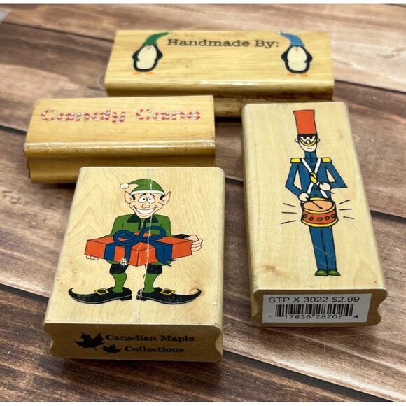 LOT OF 4 CANADIAN MAPLE HOLIDAY THEMED WOOD MOUNTED RUBBER STAMPS PENGUIN ELF - Picture 2 of 7